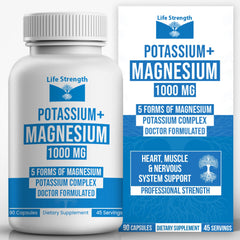 LifeStrength potassium magnesium 1000mg bottle showcased for daily electrolyte balance.