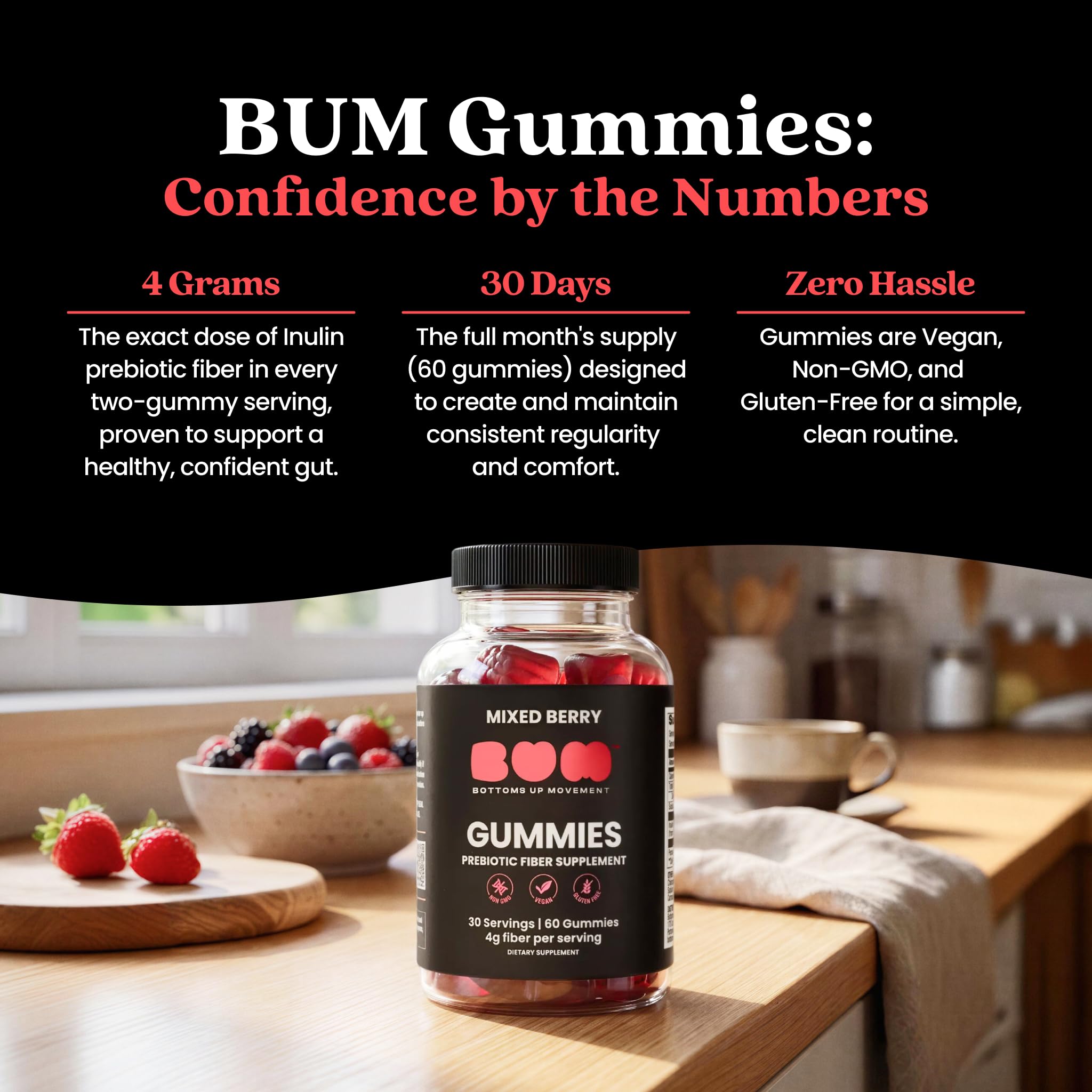 Lifestyle shot of a man taking Bum gummies at desk