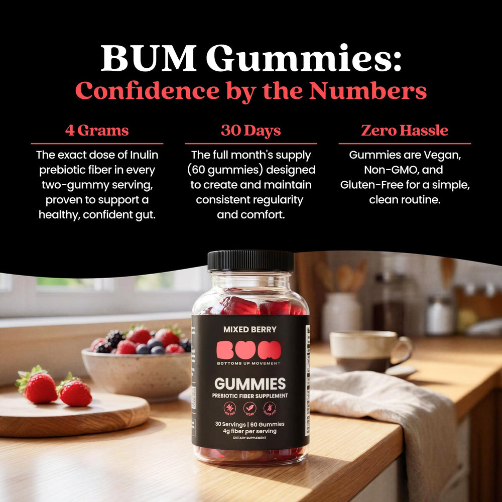 Lifestyle shot of a man taking Bum gummies at desk