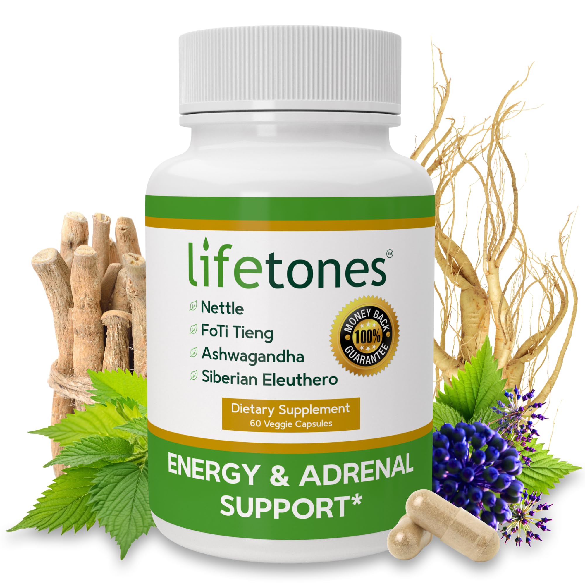 Life Tones ashwagandha and stinging nettle capsules close-up for energy