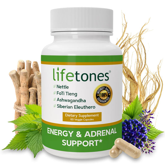 Life Tones ashwagandha and stinging nettle capsules close-up for energy