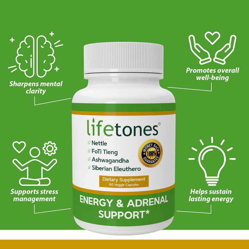 Life Tones Fo Ti Tieng Root capsules close-up emphasizing adrenal health and focus