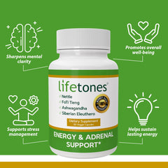 Life Tones Fo Ti Tieng Root capsules close-up emphasizing adrenal health and focus
