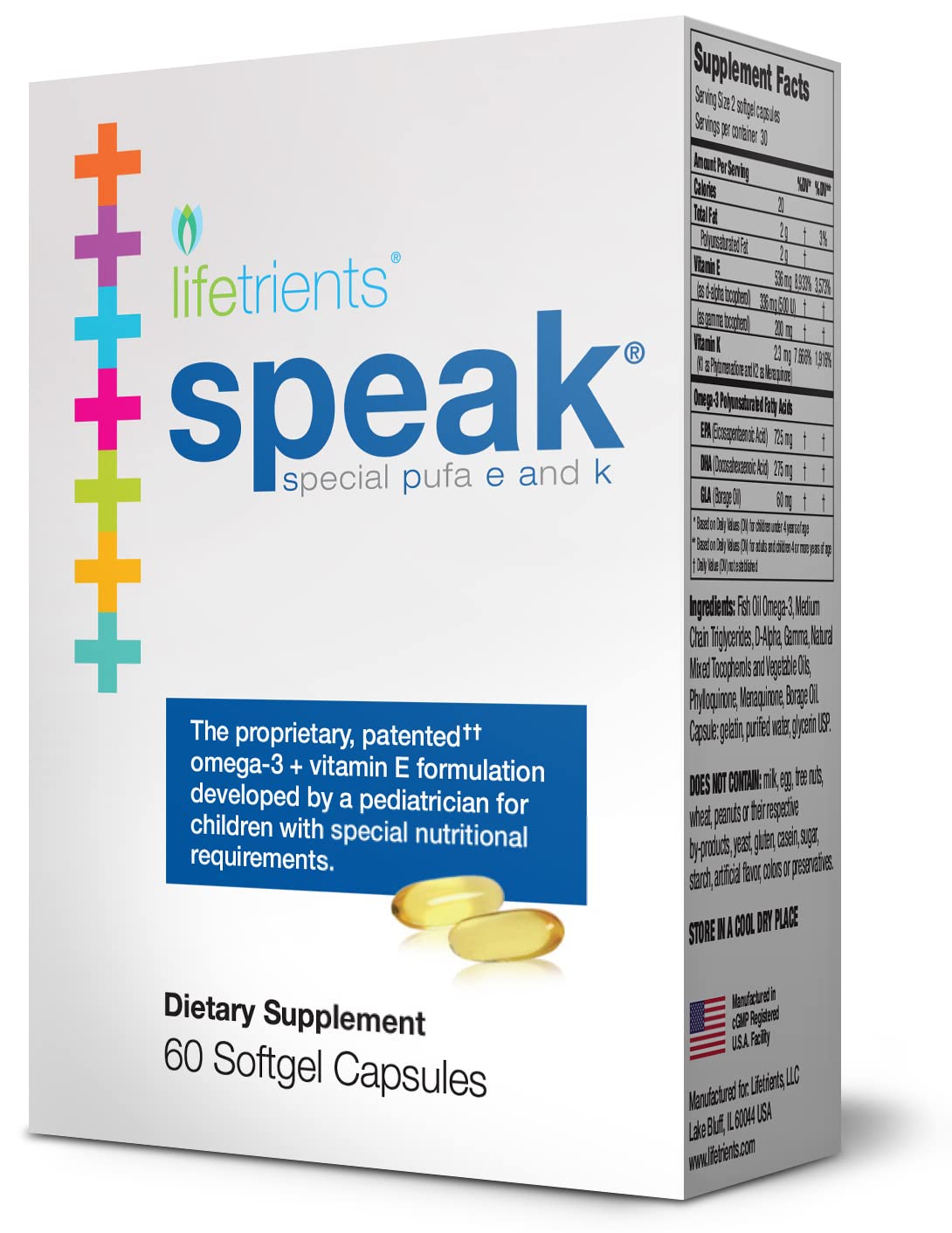 Lifetrients Speak softgels bottle supports daily pediatric nutritional needs.
