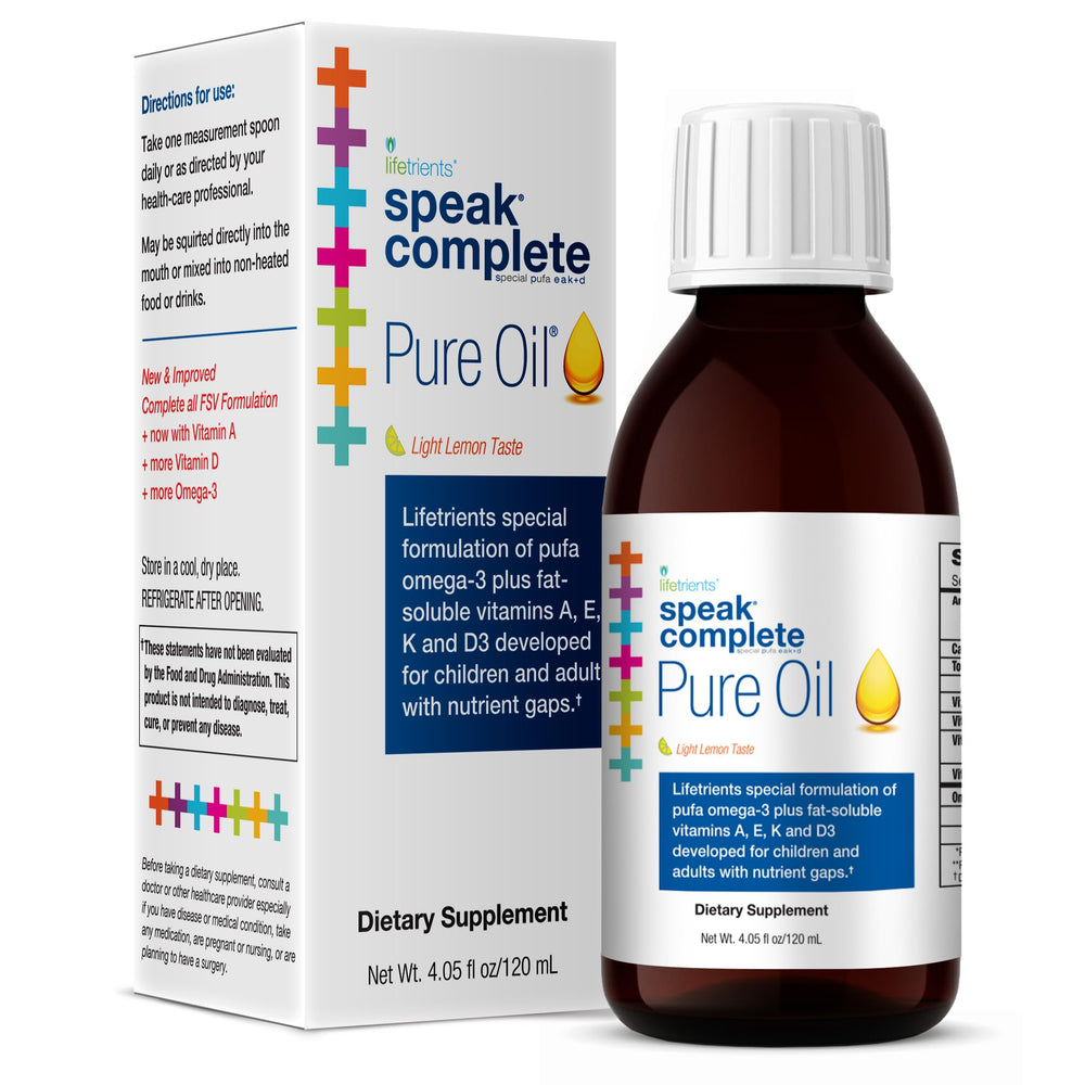Lifetrients Speak+D Pure Oil natural lemon bottle supports kids' nutrition.