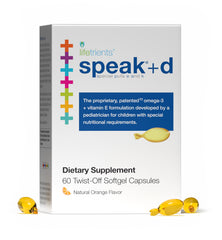 Lifetrients Speak+d Twist-Off Softgels bottle, natural orange, supports cognitive-friendly nutrition for children