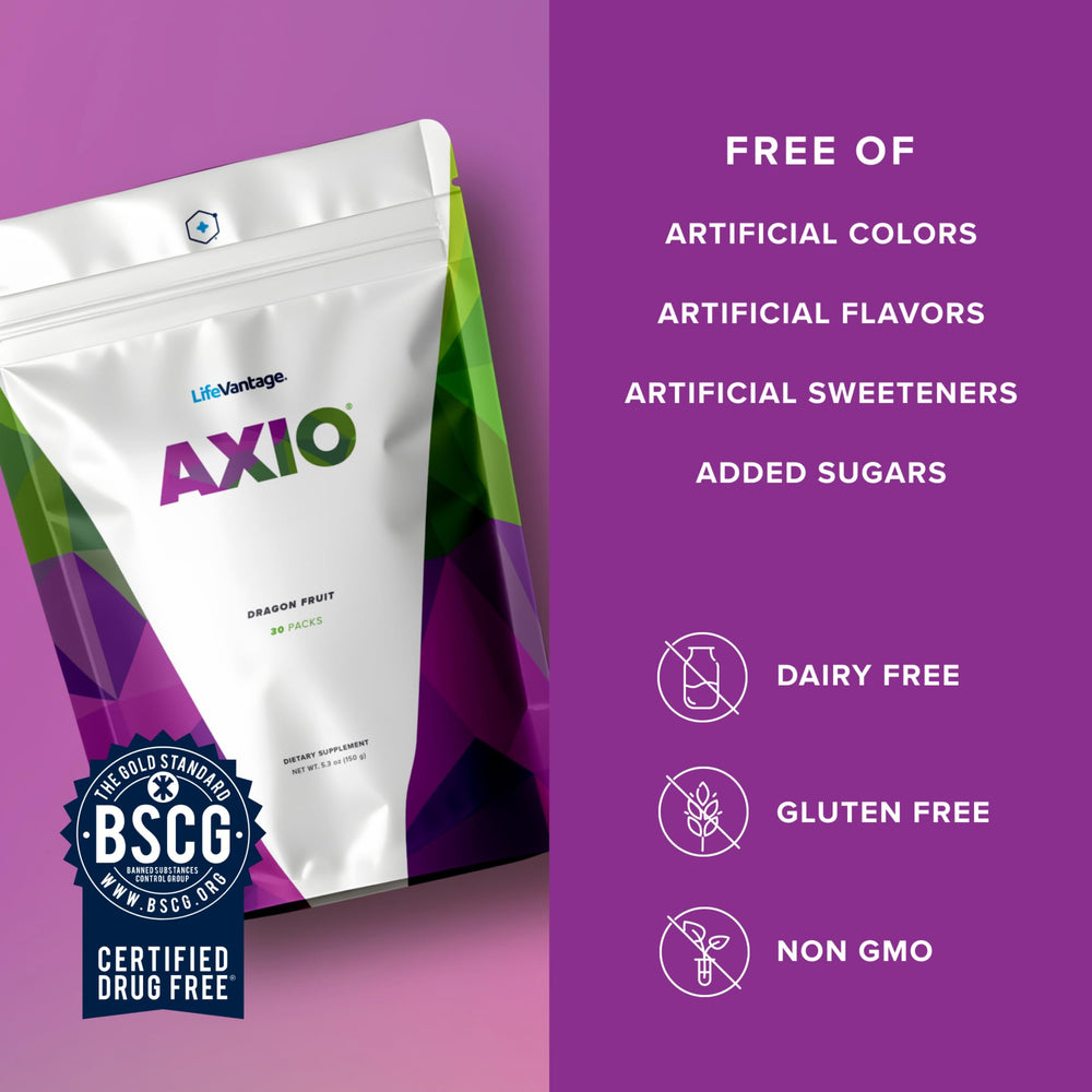 LifeVantage AXIO packaging emphasizes sugar-free energy benefits.