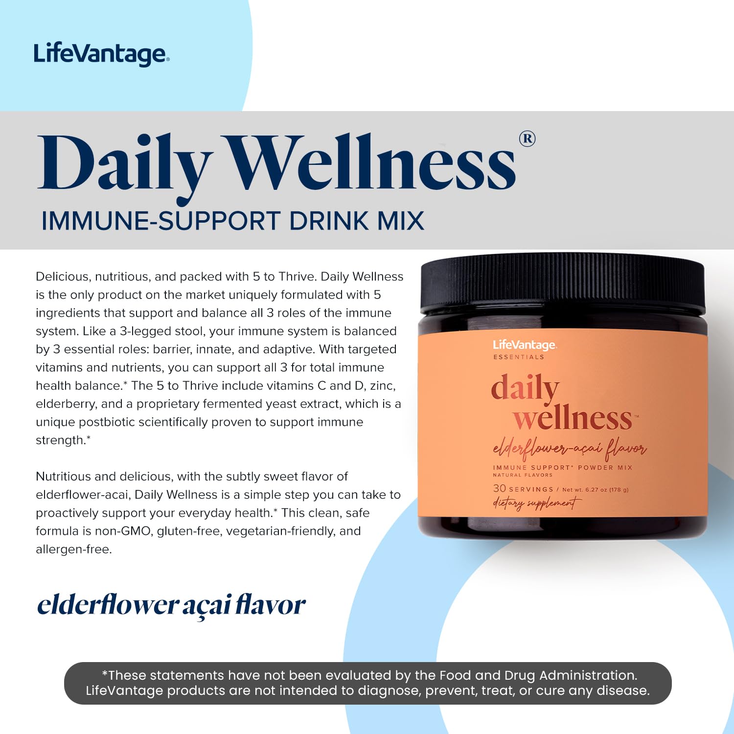 LifeVantage Daily Wellness elderflower-acai product on a glass with subtle aroma notes