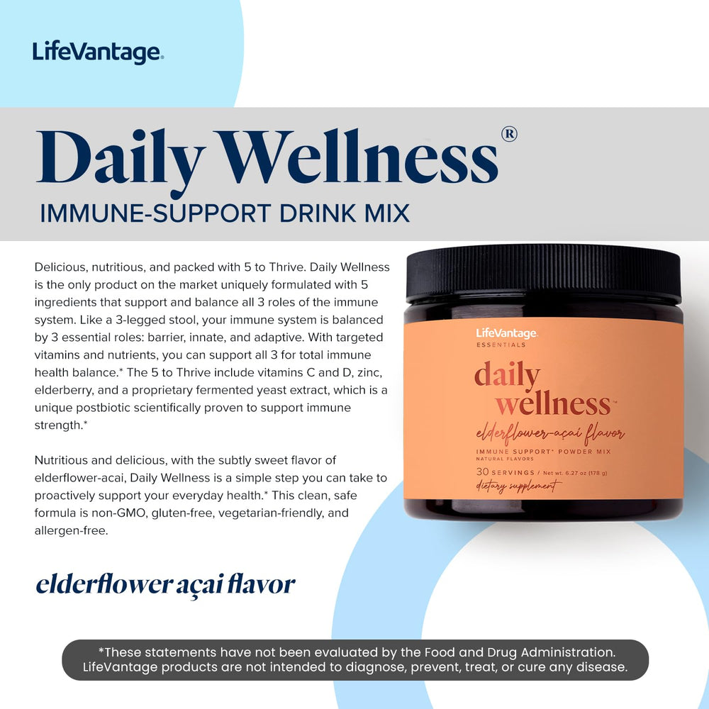 LifeVantage Daily Wellness elderflower-acai product on a glass with subtle aroma notes