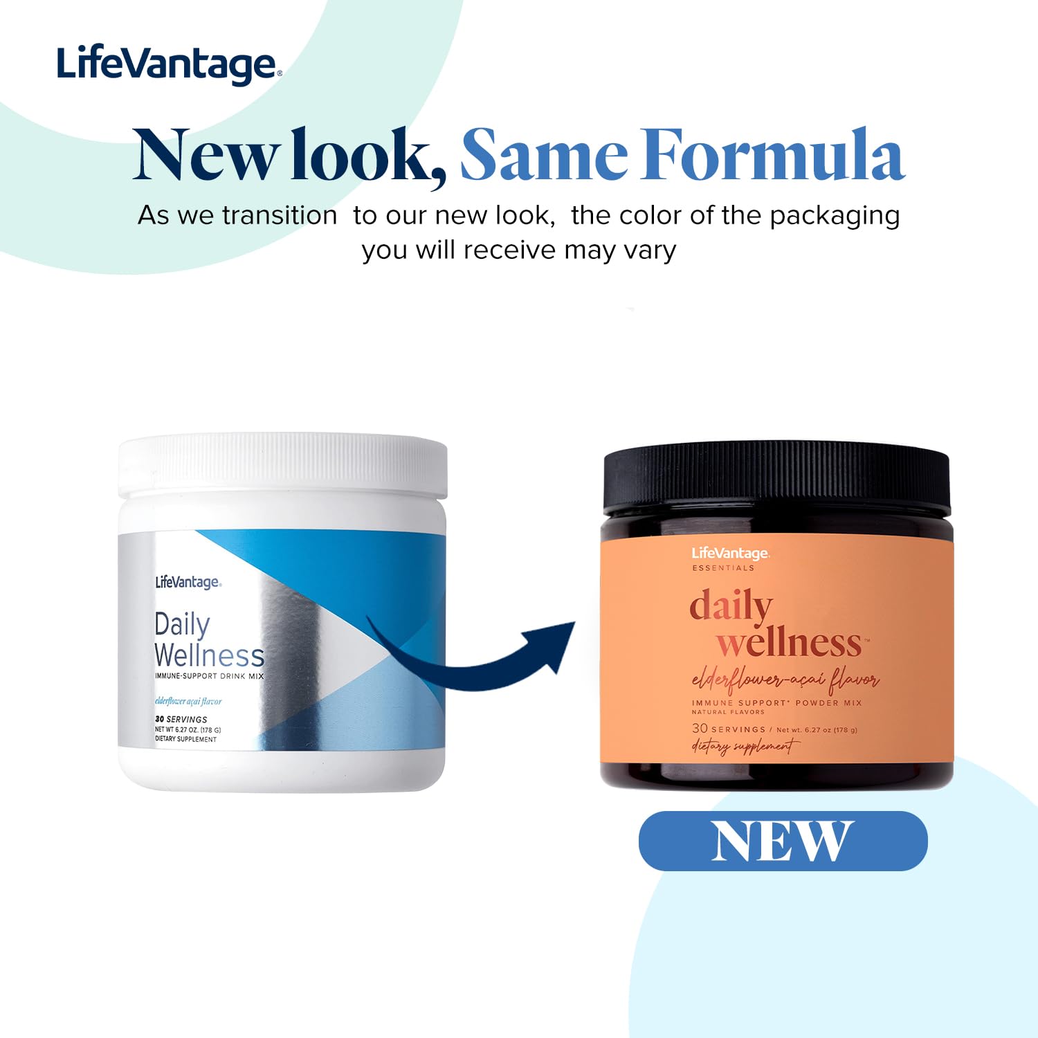 LifeVantage Daily Wellness elderflower-acai tub back with nutrition highlights and ingredients