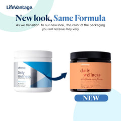 LifeVantage Daily Wellness elderflower-acai tub back with nutrition highlights and ingredients