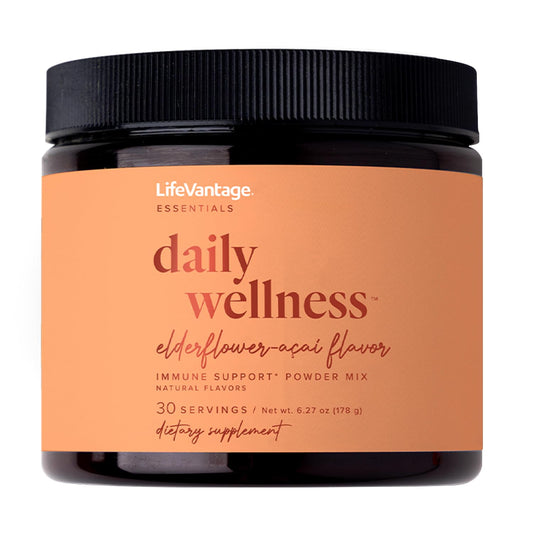 LifeVantage Daily Wellness elderflower-acai tub front showing flavor and packaging for daily immune-support