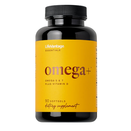 LifeVantage Omega+ bottle featuring the 3-in-1 formula for brain and immune support.