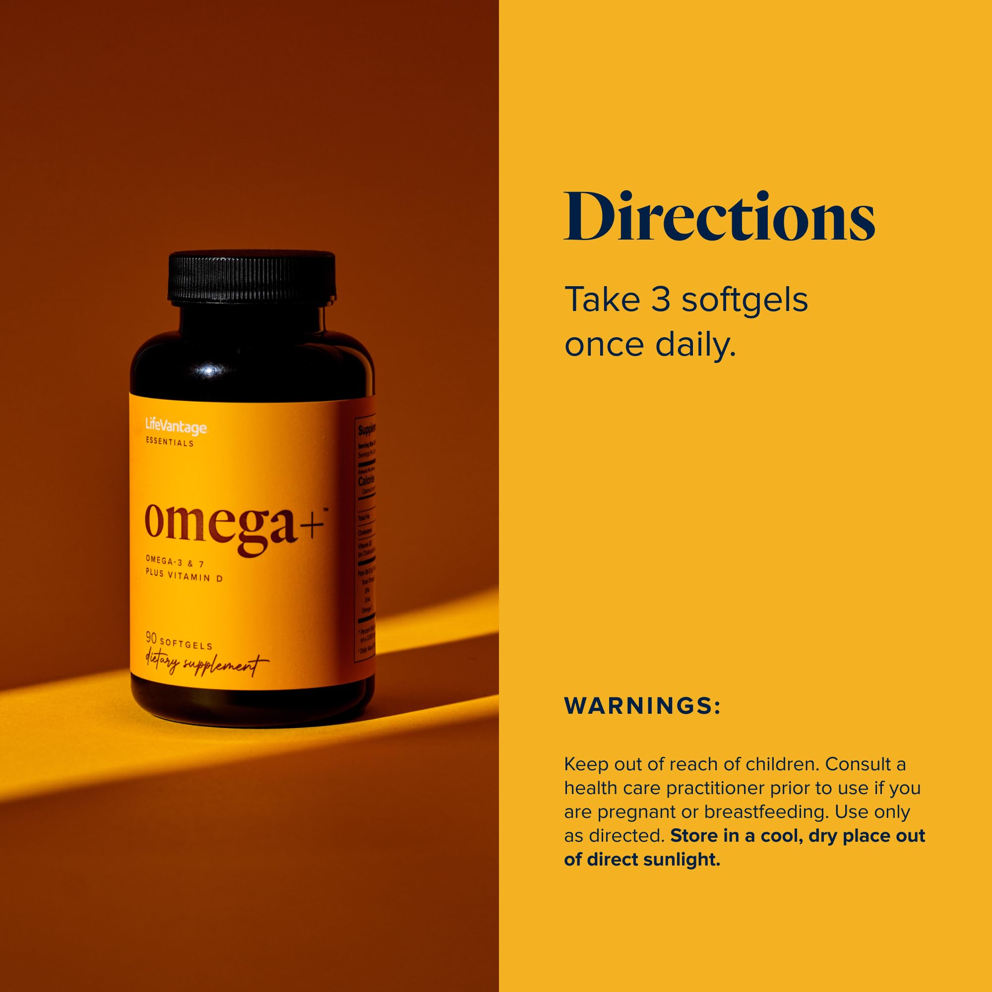Serving idea for LifeVantage Omega+ suggests two softgels daily.