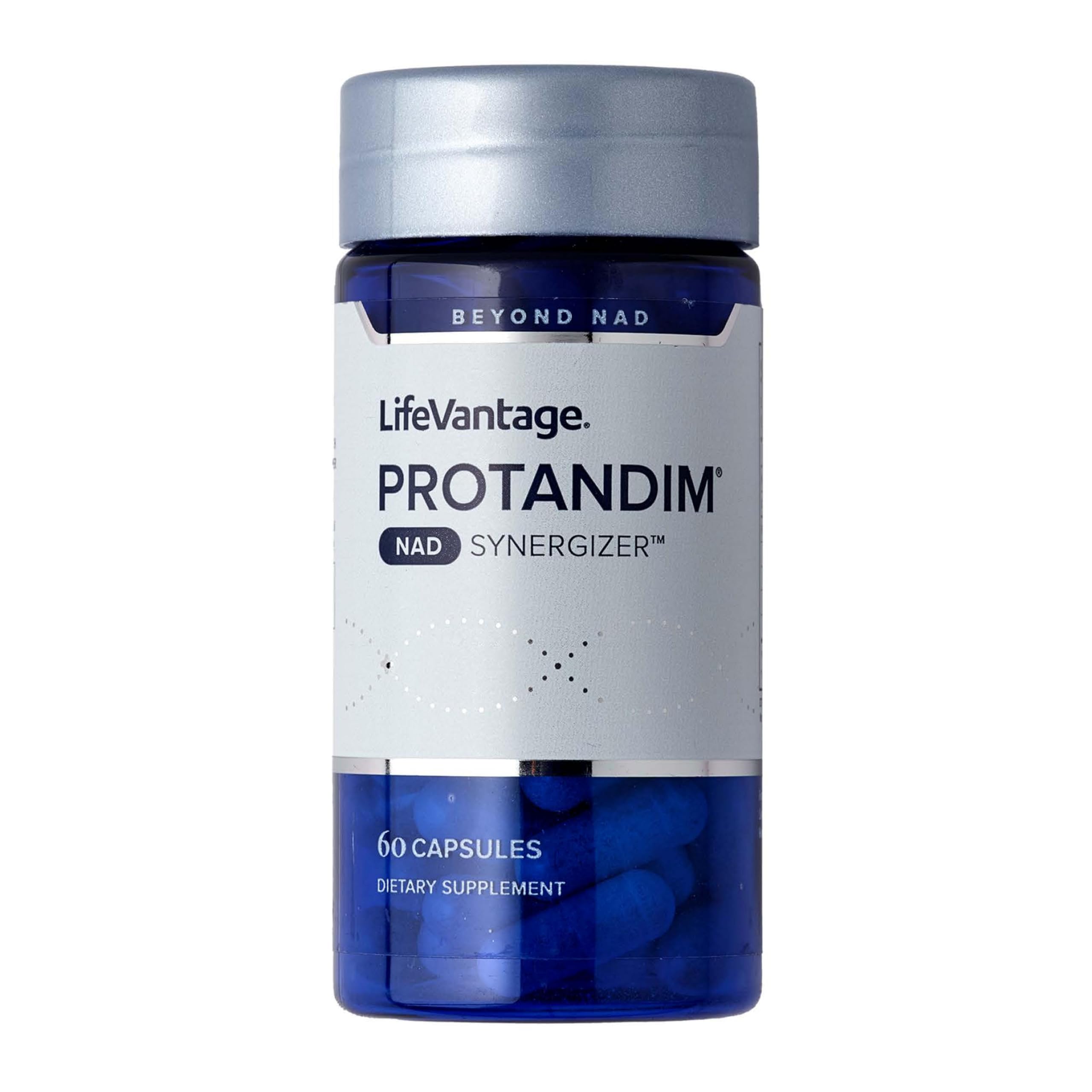 LifeVantage Protandim NAD Synergizer bottle with capsules for daily cellular energy support.