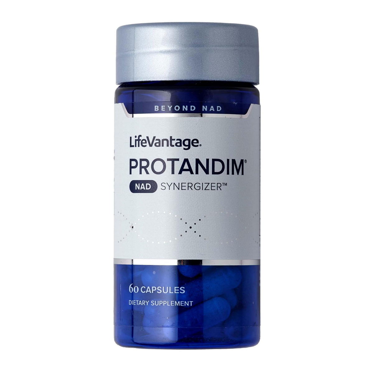 LifeVantage Protandim NAD Synergizer bottle with capsules for daily cellular energy support.