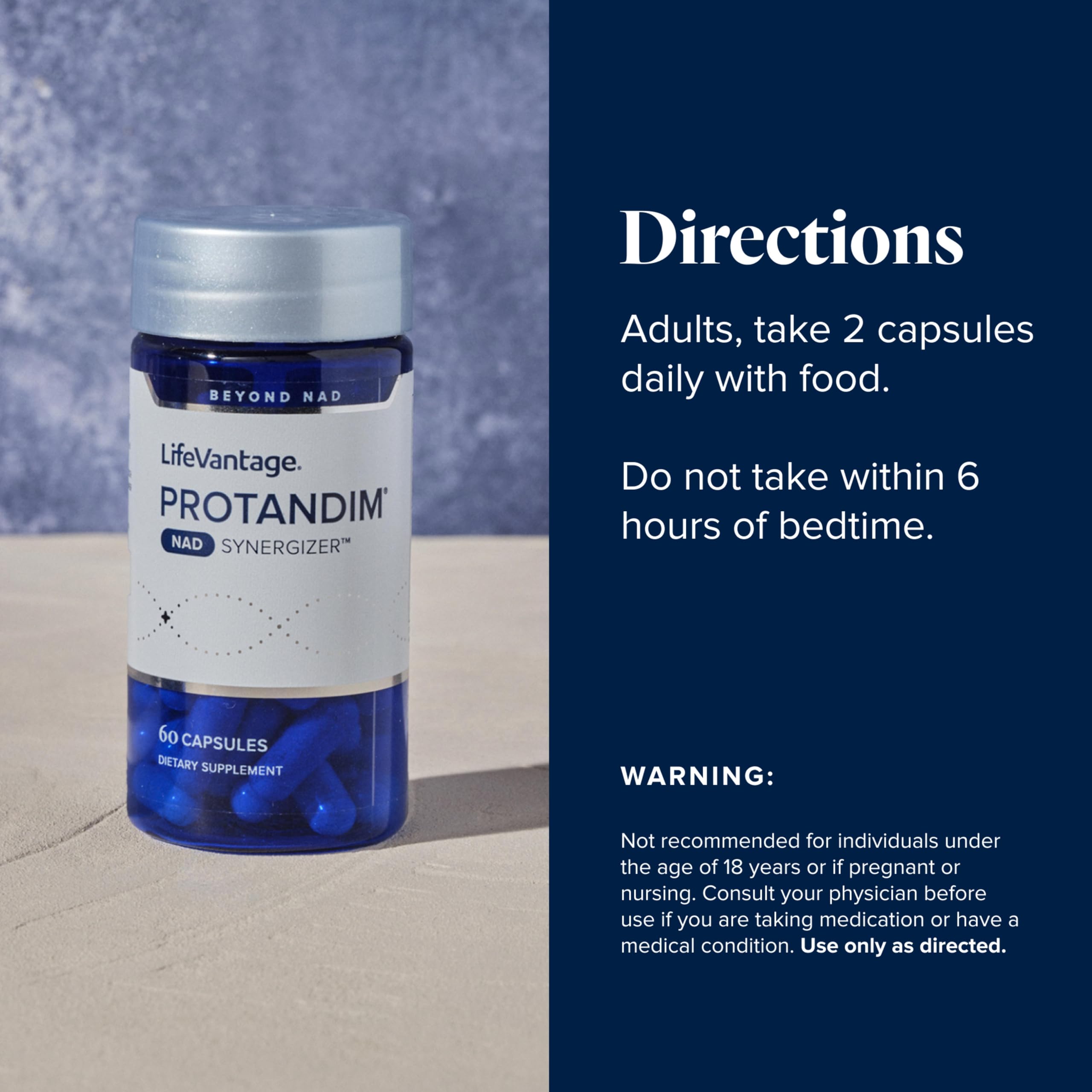 Protandim NAD Synergizer packaging box highlighting product benefits at a glance.