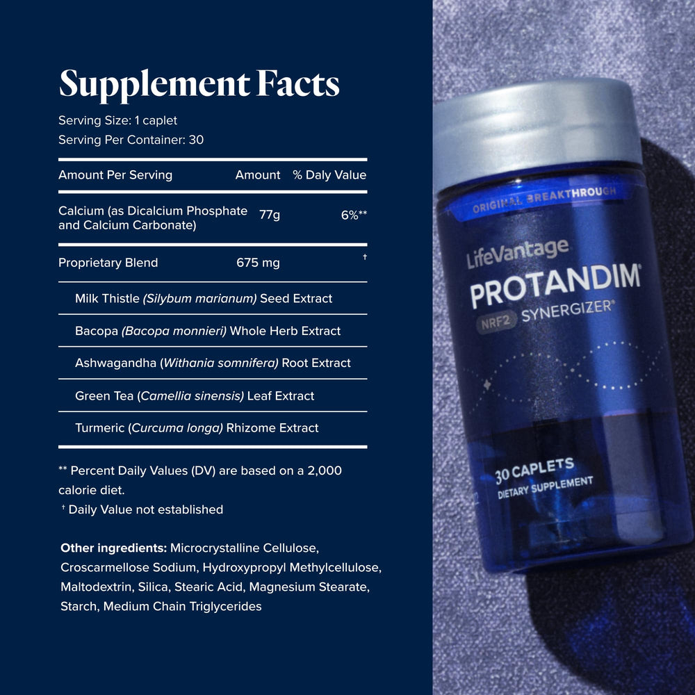 LifeVantage Protandim Nrf2 Synergizer bottle back showing usage guidance for daily antioxidant support.