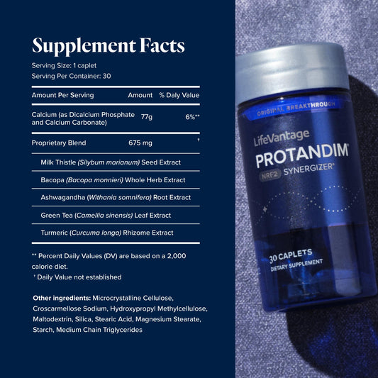 LifeVantage Protandim Nrf2 Synergizer bottle back showing usage guidance for daily antioxidant support.