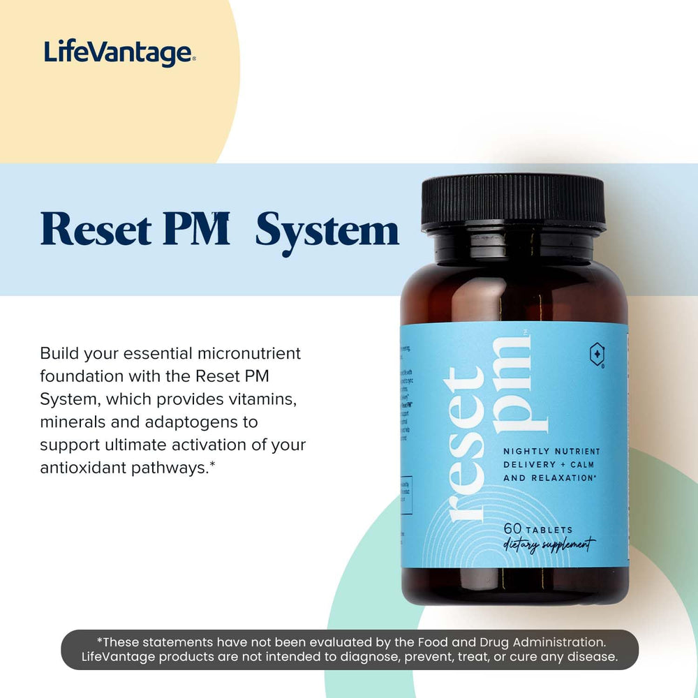 LifeVantage Reset PM bottle on a desk beside a glass for a calm evening routine.