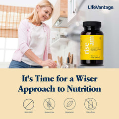 LifeVantage Rise AM cognitive-boost tablet shown for focus.