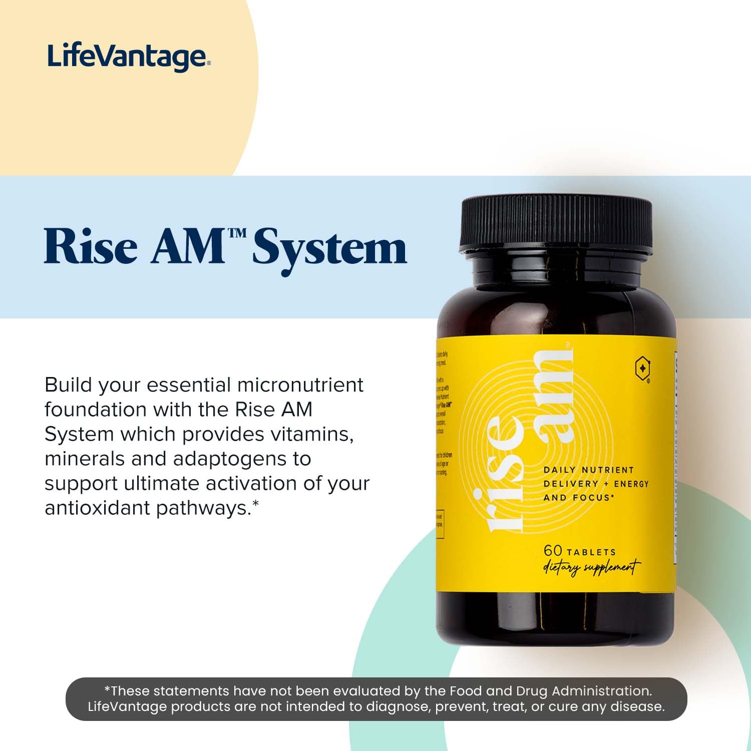 LifeVantage Rise AM packaging highlights energy and focus benefits.