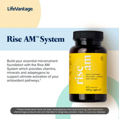 LifeVantage Rise AM packaging highlights energy and focus benefits.
