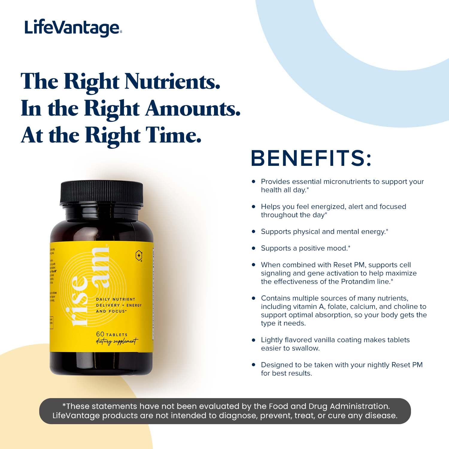 LifeVantage Rise AM Timewise delivery system supports nutrient absorption.