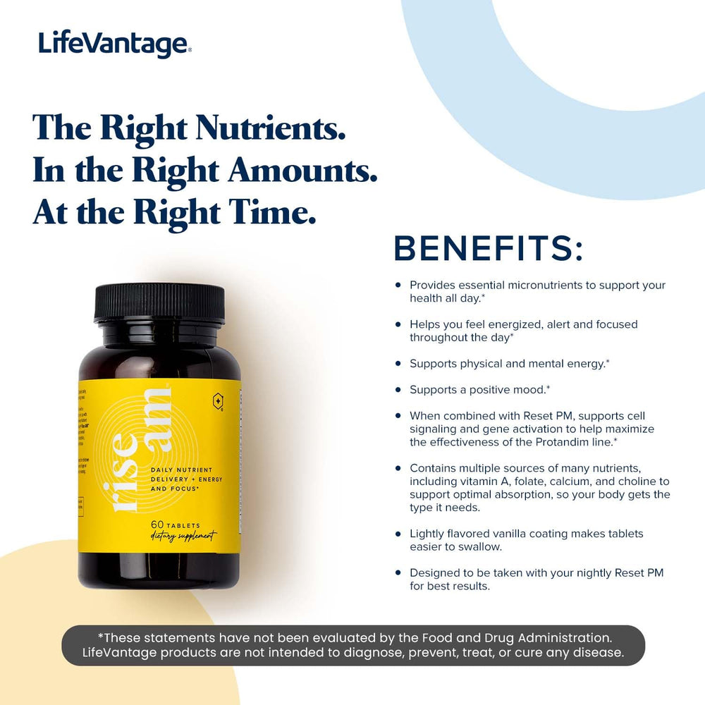 LifeVantage Rise AM Timewise delivery system supports nutrient absorption.