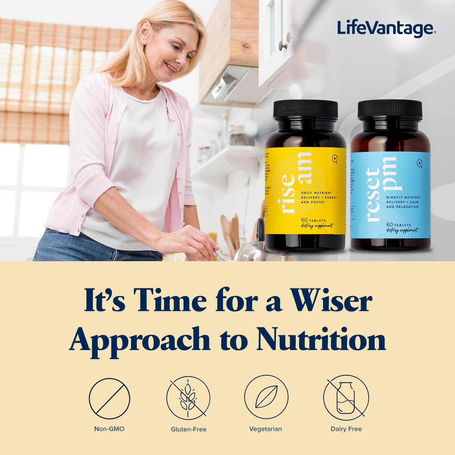 LifeVantage Rise and Reset system shown with fresh produce for balanced daily wellness