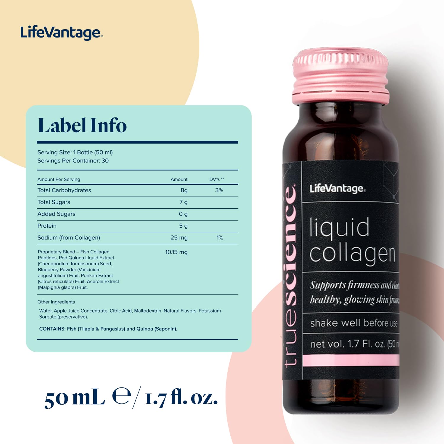 LifeVantage TrueScience liquid collagen being poured to boost hydration and glow