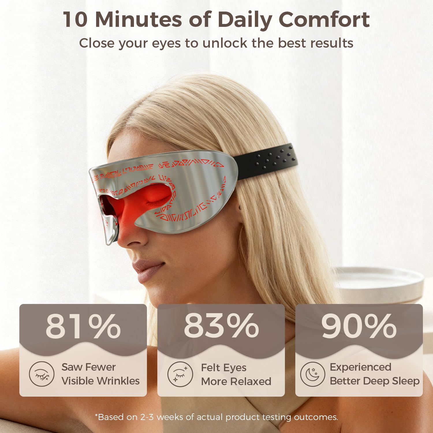 LifeZoom eye mask in bed for relaxing red light sessions.