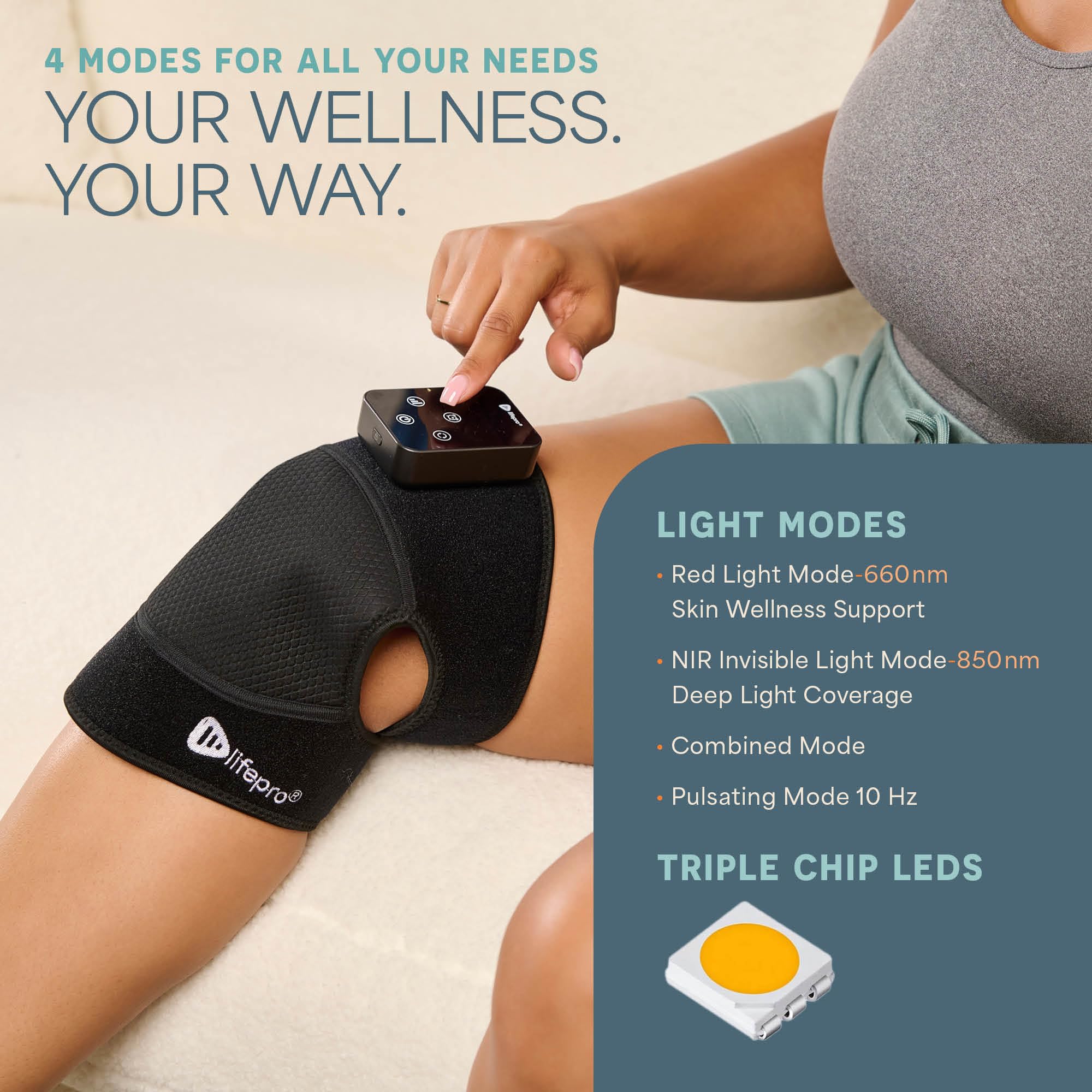 LifePro adjustable, Velcro hands-free wrap fits the knee securely.