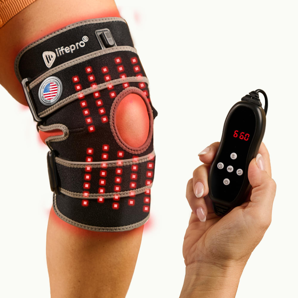 LifePro red light knee brace front view with dual LEDs for joint comfort