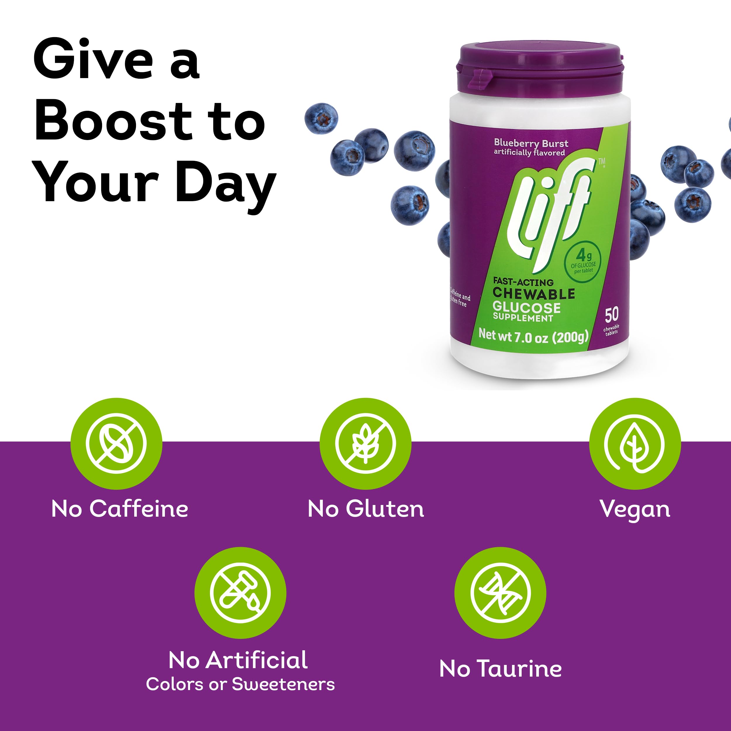 Lift Glucose blueberry chews six-pack, quick energy for workouts.