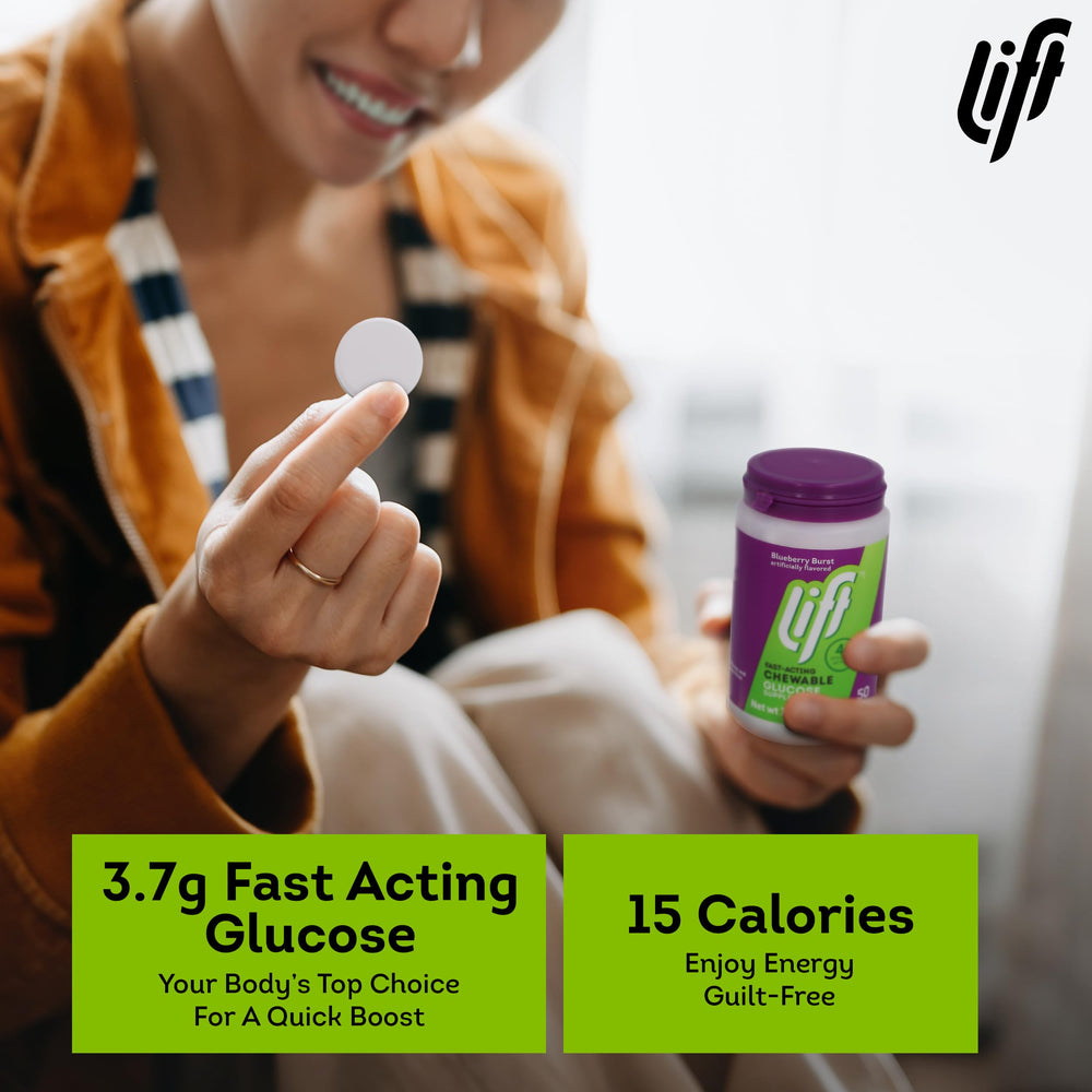 Lift Glucose blueberry tablets closeup reveals chewy texture and blueberry flavor.