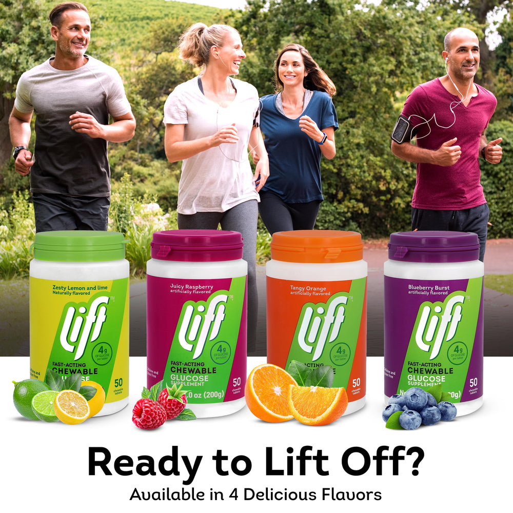 Lift Glucose blueberry tablets in gym bag, easy travel energy snack.