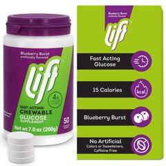 Lift Glucose blueberry tablets jar label shows six-tub pack for travel.