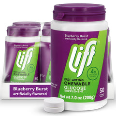 Lift Glucose blueberry tablets front view ready for fast energy on the go.
