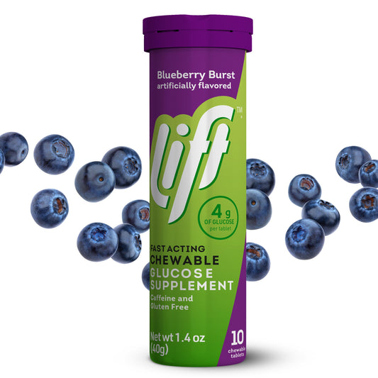 Lift Glucose blueberry tablets in a resealable tube for on-the-go energy.