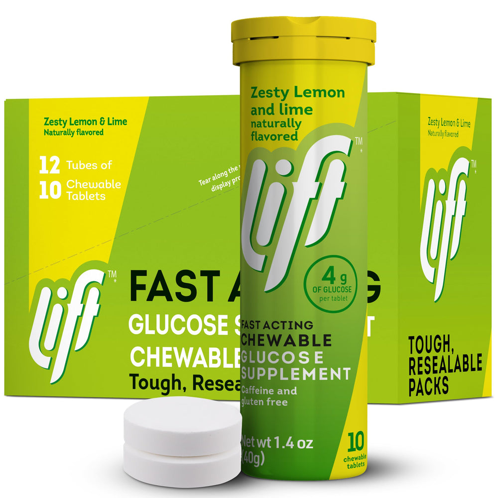 Lift Glucose bottle front with lemon-lime flavor for quick energy on the go