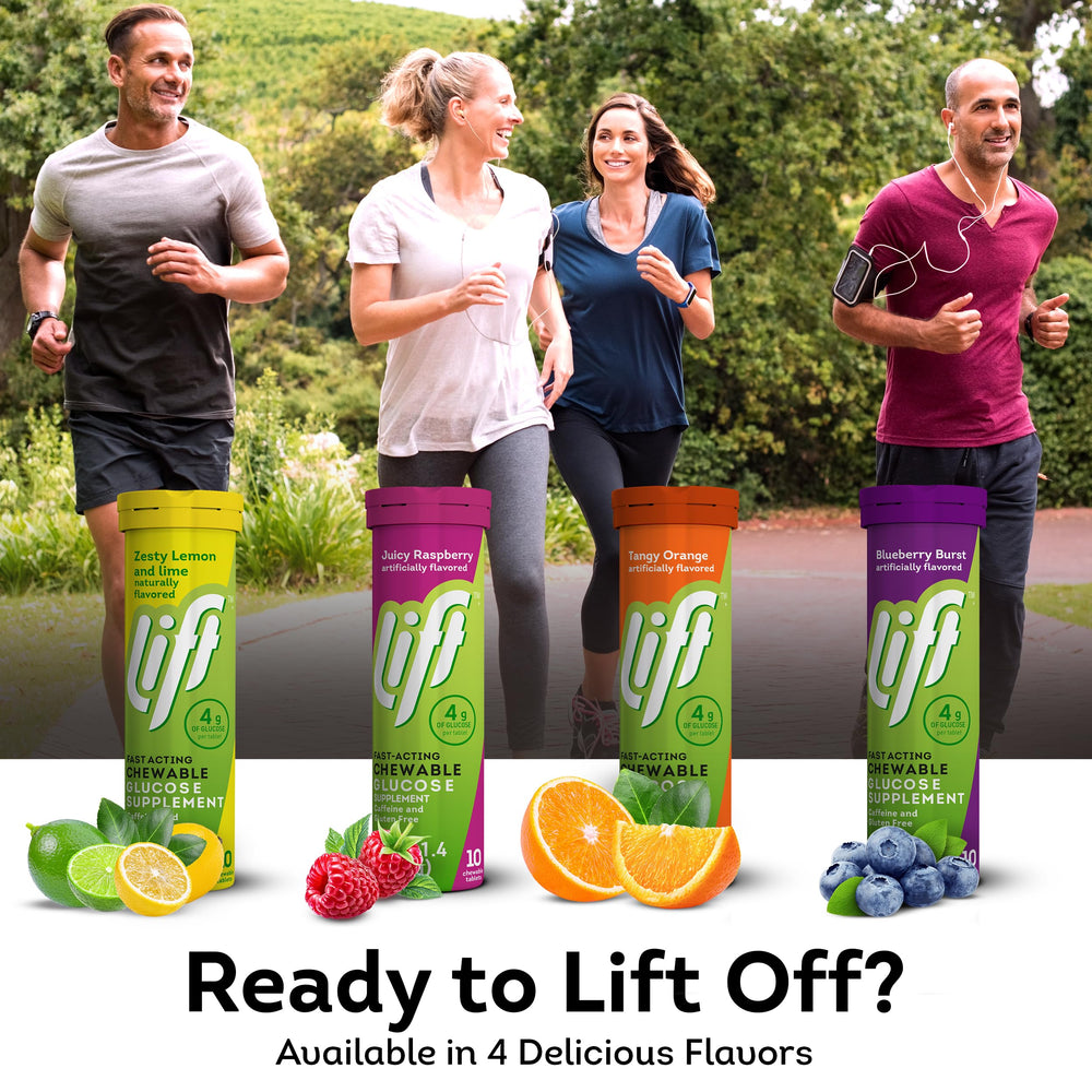 Lift Glucose ingredient label highlighting vegan, gluten-free, caffeine-free features