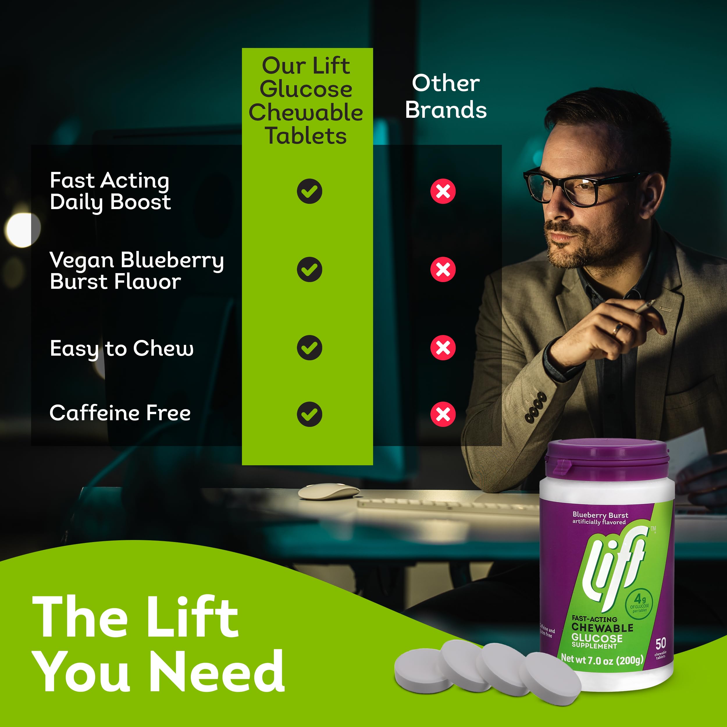 Lift Glucose pack6 jar display shows six-tub set for travel and sport.