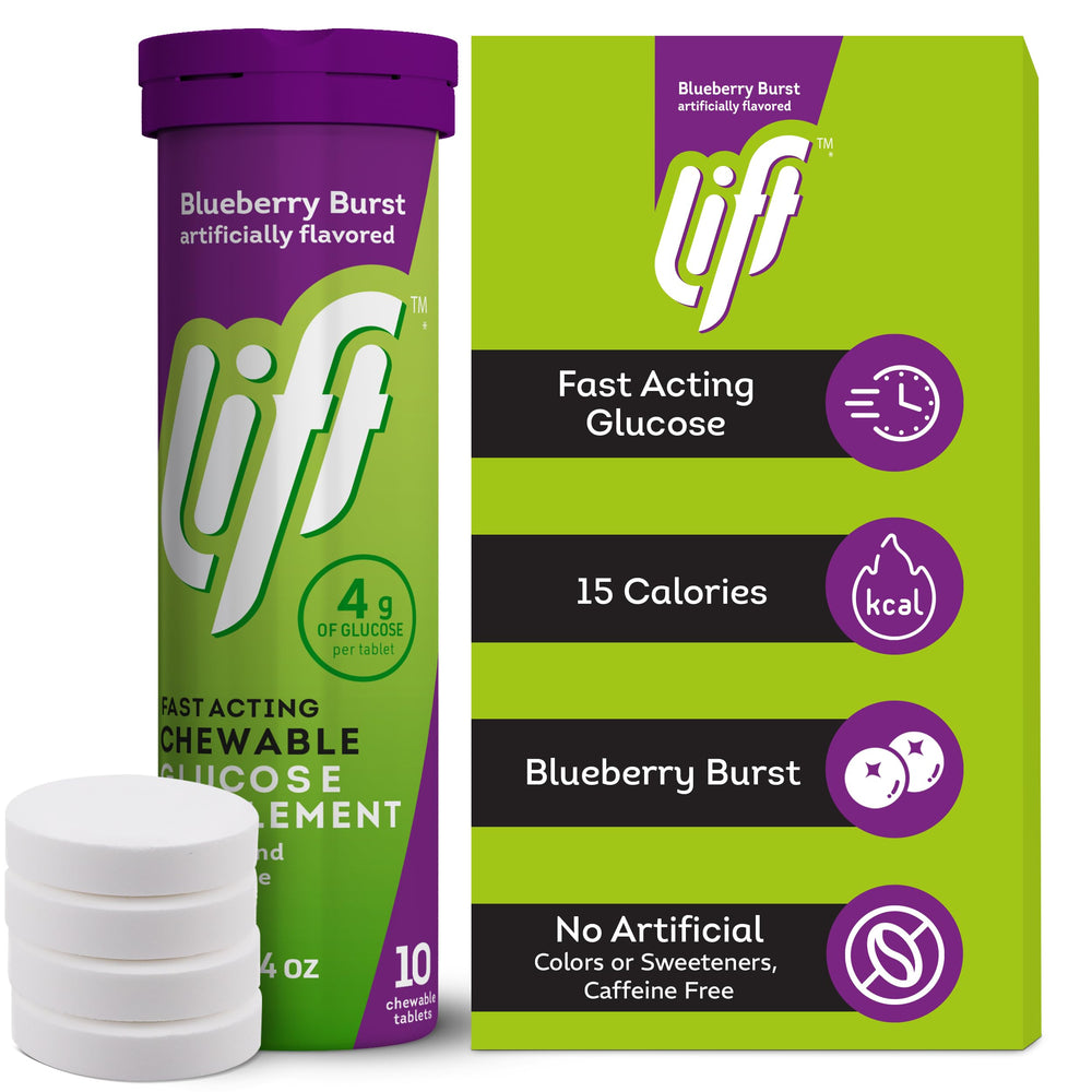 Open Lift Glucose tube showing portable tablets ready to use.