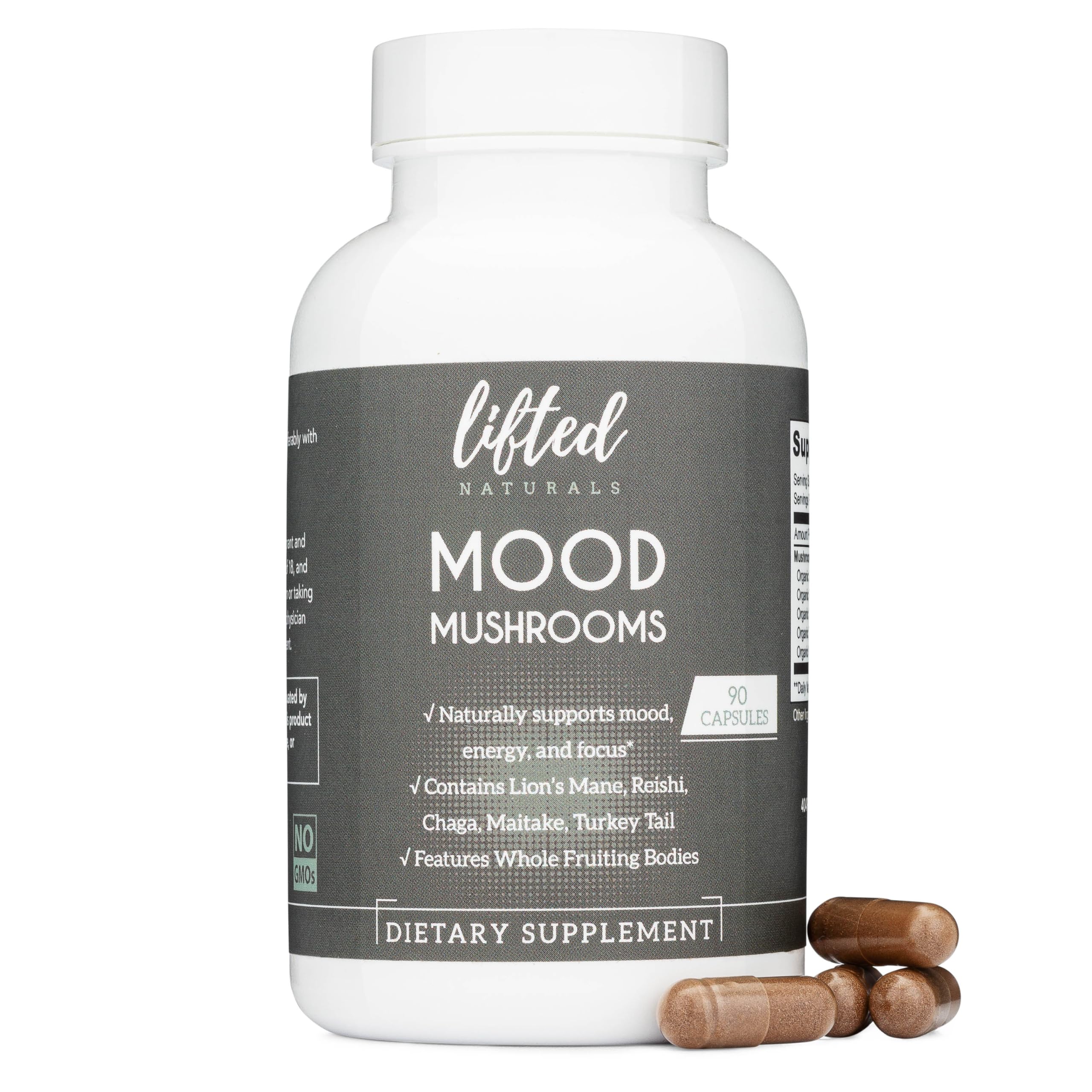 Lifted Naturals Mood Mushrooms bottle, supports daily mood and energy.
