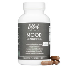 Lifted Naturals Mood Mushrooms bottle, supports daily mood and energy.