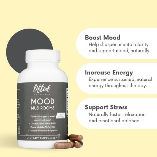 Lifted Naturals Mood Mushrooms capsules, convenient daily use for focus.