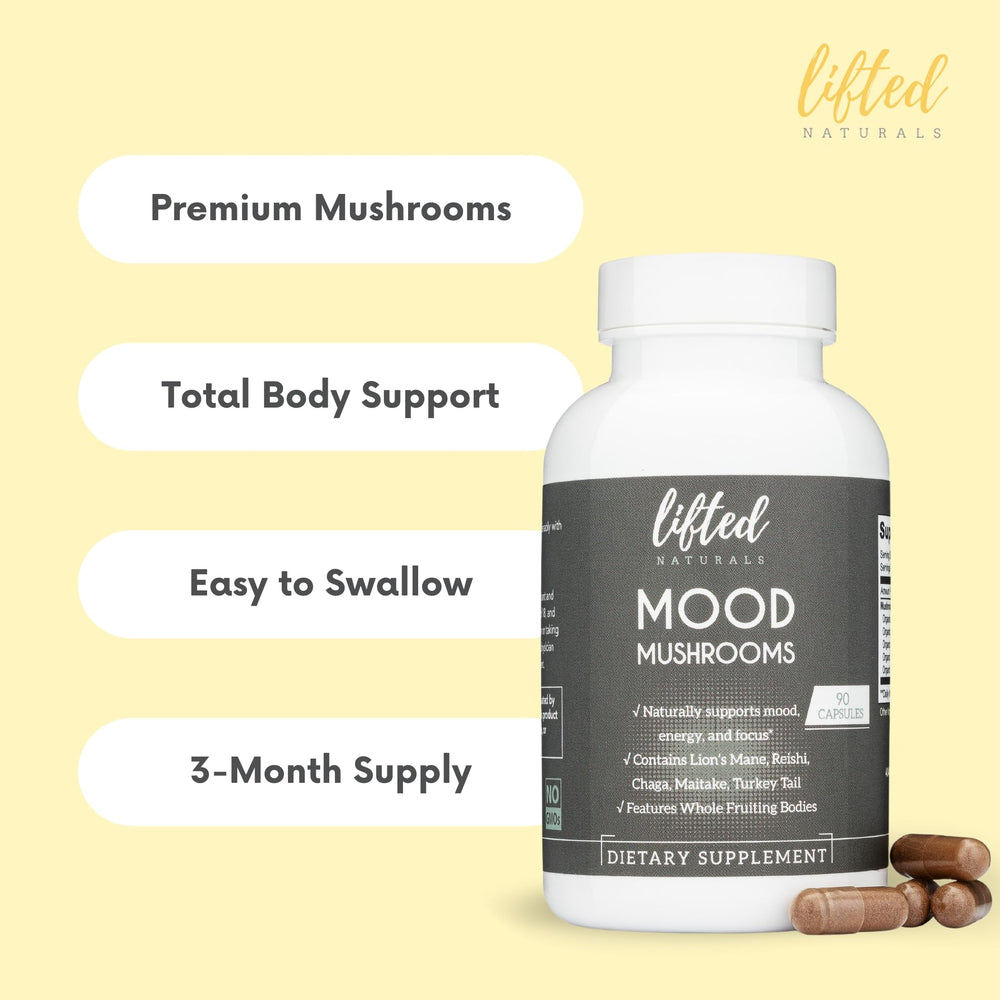 Lifted Naturals Mood Mushrooms ingredients panel, Lion’s Mane and friends listed.