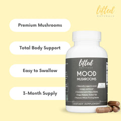 Lifted Naturals Mood Mushrooms ingredients panel, Lion’s Mane and friends listed.