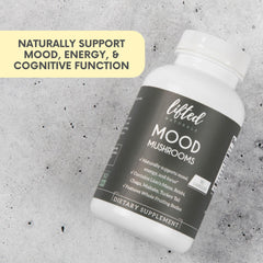 Lifted Naturals Mood Mushrooms packaging on display, emphasizes convenience.